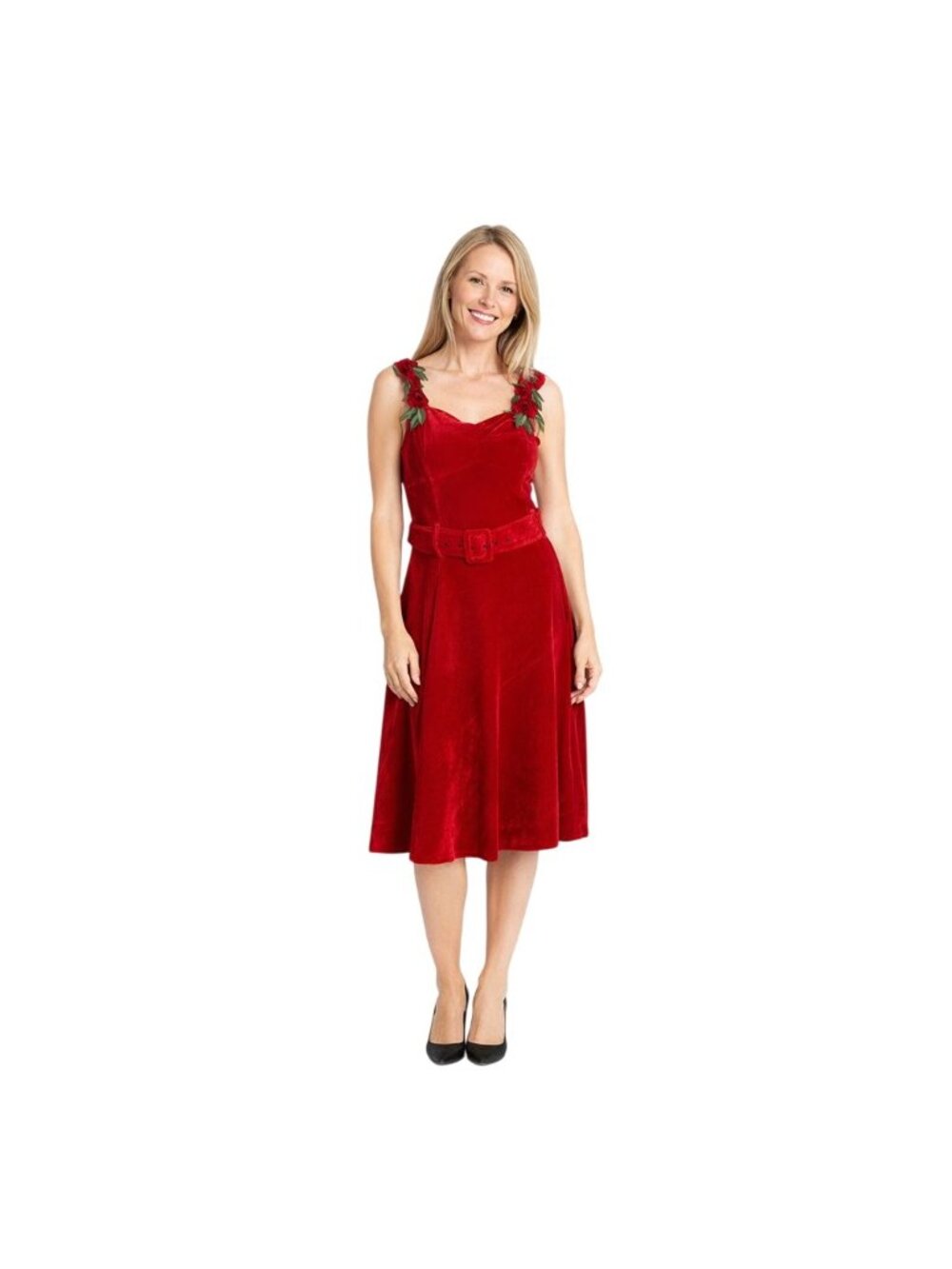 New Collectif Vintage XS Red Velvet Rose-Embroidered Belted Dress